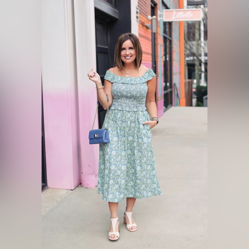 crown & ivy Light Blue Floral Off-Shoulder Midi Dress